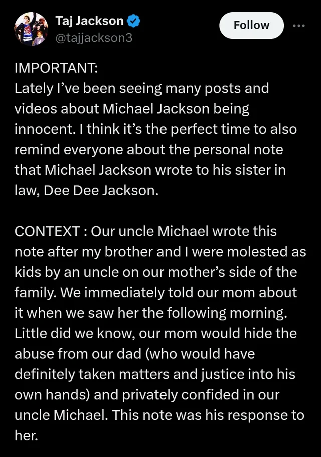 Taj about Michael Jackson reaction to molestation